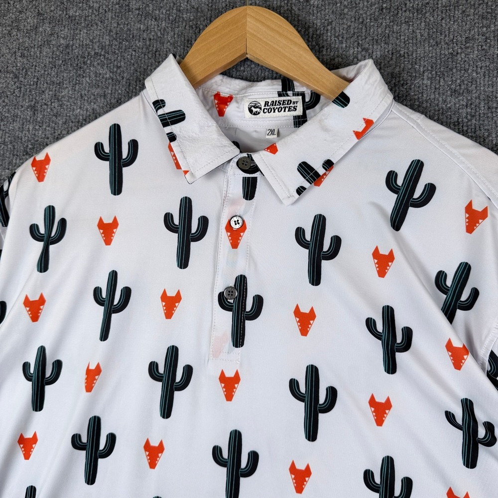 Raised By Coyotes Golf Polo Shirt Mens 2XL White Saguaro Cactus Desert Print